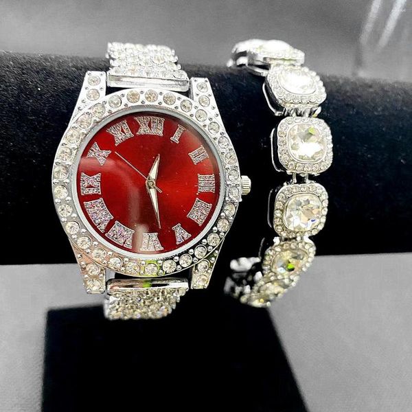 Montres-bracelets 2pcs Montre entièrement glacée pour femmes Bling Tennis Chaîne Bracelet Élégant Simple Montre-Bracelet CZ Hip Hop Luxe Bijoux Ensemble Relojes