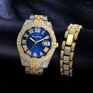 Relojes de pulsera, 2 uds., relojes completos con hielo, pulsera para hombre, reloj ostentoso, joyería para hombre, conjunto de oro Hip Hop, relojes, regalos