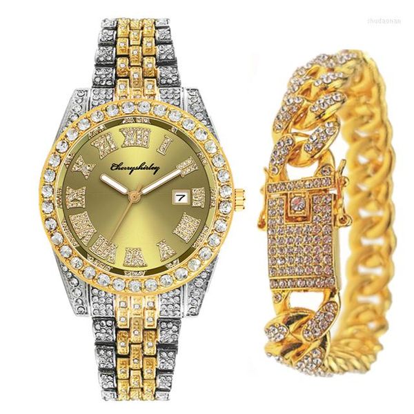 Montres-bracelets 2 pièces complet glacé montres hommes Bracelet Bling luxe montre diamant bijoux pour hommes or HipHop ensemble horloges cadeau