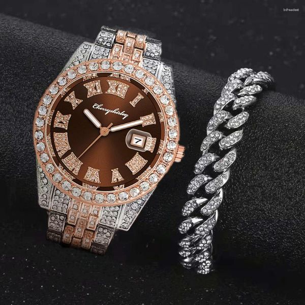Montres-bracelets 2pcs plein glacé montres hommes bracelet cadran rouge montre de luxe bijoux pour hommes or hip hop ensemble horloges