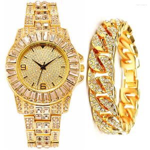 Polshorloges 2 stks gouden diamant ijskoud horloge armband voor mannen paar luxe heren cubaanse ketens modehorloges set religio masculino