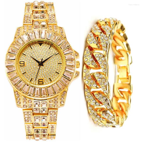 Relojes de pulsera, 2 uds., reloj con diamantes dorados, pulsera para hombre, pareja de lujo, cadenas cubanas para hombre, relojes de moda, conjunto religioso Masculino