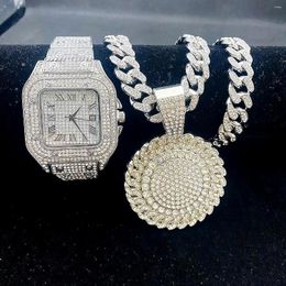 Relojes de pulsera 2 unids Iced Out Watch Collares para hombres Bling Cubana Link Cadenas Colgante Gold Diamond Jewelry Set Relojes