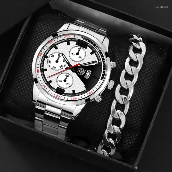 Montre-bracelets 2pcs Luxury Fashion Men Calendar Watchers Simple Business Sports Steel Mesh Quartz Wristwatch Bracelet Watch