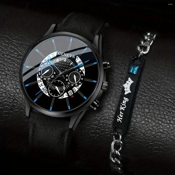 Montre-bracelets 2pcs Fashion Men's Fashion Classic Trend Business Calendar Calendar Leather Quartz Watch avec Bracelet Crown Gift For Friends en alliage