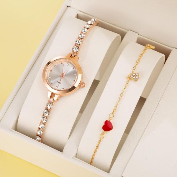 Relojes de pulsera, conjunto de 2 uds, reloj de pulsera, relojes de acero inoxidable informales a la moda para mujer, reloj de pulsera de cuarzo con esfera pequeña para mujer con diamantes