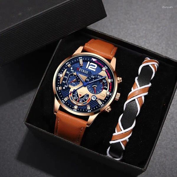 Montre-bracelets 2pcs set Fashion Mens Calendar Watchs Luxury Male Business Mas Casual Brown Leather Quartz Watch Men Bracelet Bracelet