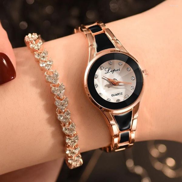 Relojes de pulsera 2 unids/set moda simple dial convexo reloj de pulsera de cristal en forma de corazón pulsera de taladro completo de alta calidad relojes de mujer casuales