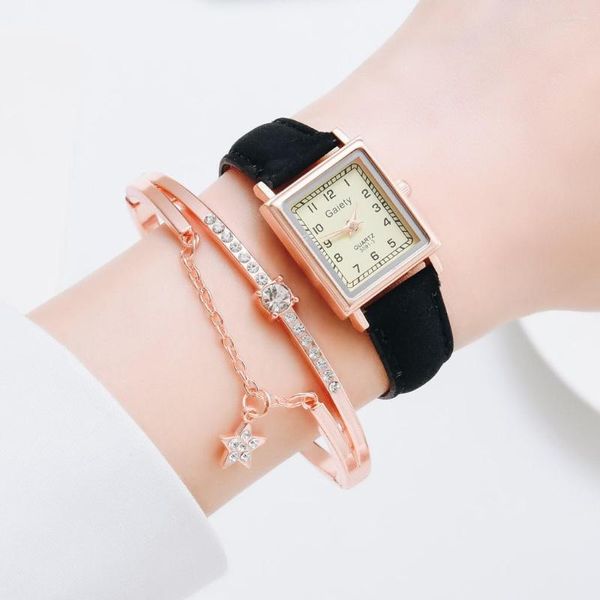 Relojes de pulsera 2 uds. Conjunto de moda para mujer, vestido con cinturón de cuero, reloj de cuarzo, esfera cuadrada, pulsera deportiva informal, reloj de pulsera para mujer, reloj