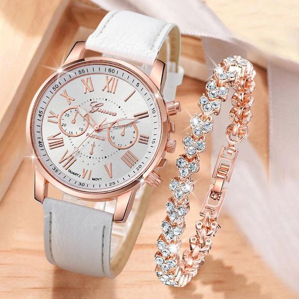 Relojes de pulsera 2 unids / set Ginebra Reloj Moda Mujer Banda de cuero Cuarzo Rhinestone Pulsera Conjunto