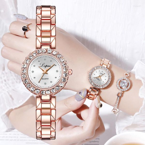 Relojes de pulsera, conjunto de 2 uds, pulsera de aleación de lujo, reloj de cuarzo con esfera de diamantes de imitación, cierre oculto para mujer