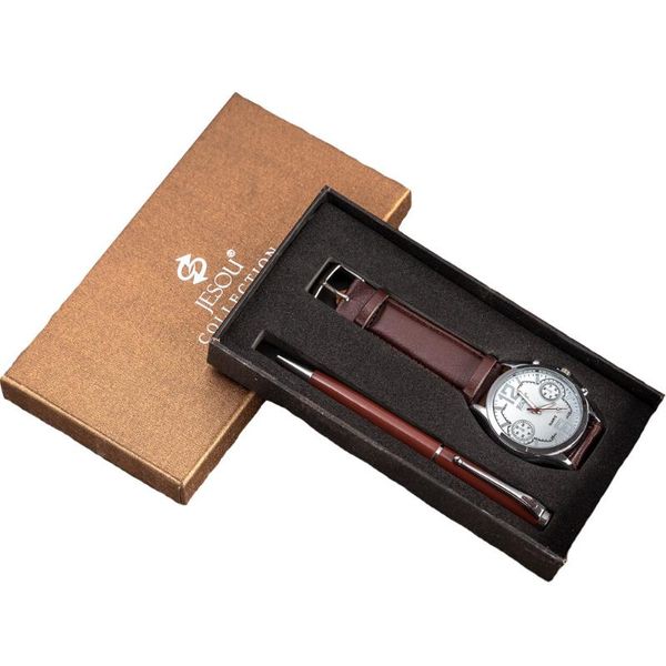 2 unids/set de relojes de lujo para hombre, caja de regalo, reloj de moda para hombre, bolígrafo de alta calidad, reloj de pulsera para hombre, regalo de Navidad, relojes de pulsera