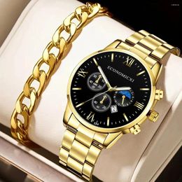 Montre-bracelets 2PCS / Set Men's haut de gamme Calendrier des affaires Gold Steel Band Quartz Watch et Bracelet en alliage Options de cadeaux