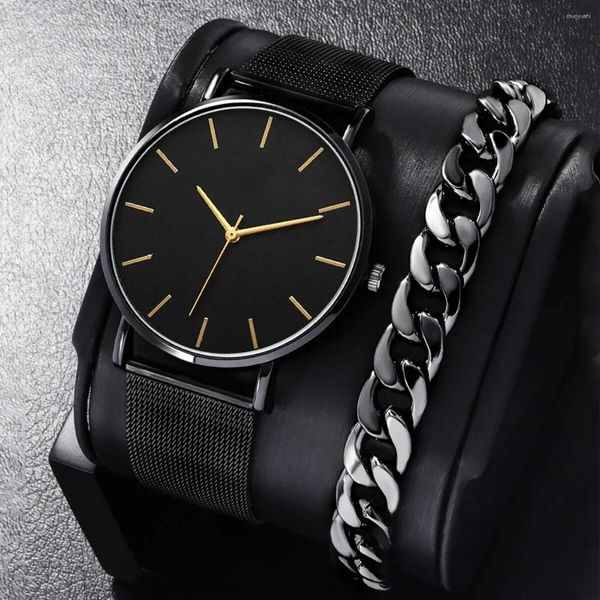 Montre-bracelets 2pcs / set Simple Fashion Thin Mesh Band Watch Men's Personality Quartz and Alloy Bracelet Gift Ideal Choice
