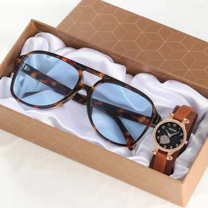 Montre-bracelets 2pcs Set Simple Women Flowers Flowers Watch Leopard Sunglasses en cuir Quartz Lunes Femelles Robe Clock Montre