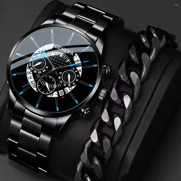 Montre-bracelets 2PCS / Set Steel Band Watch et Bracelet en alliage Set pour le choix de cadeaux de loisirs des affaires pour hommes