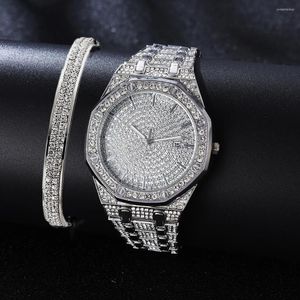 Montres-bracelets 2 pièces/ensemble montre bracelet pour femmes bracelet à breloques glacé hip hop luxe or ensemble bijoux cadeau relojes