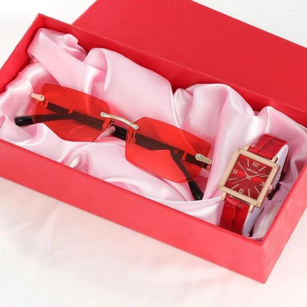 Muñecos de pulsera 2 PCS Juego de mujeres Moda de cuero casual Relojes de cuarzo rojo gafas gafas de sol vestidos montre femme