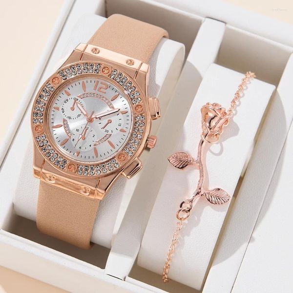 Montre-bracelets 2pcs Set Femmes Regardez Luxury Fashion Elegant Ally Wristwatch For Ladies Gift Quartz Rose Gold Bracelet pas Boîte