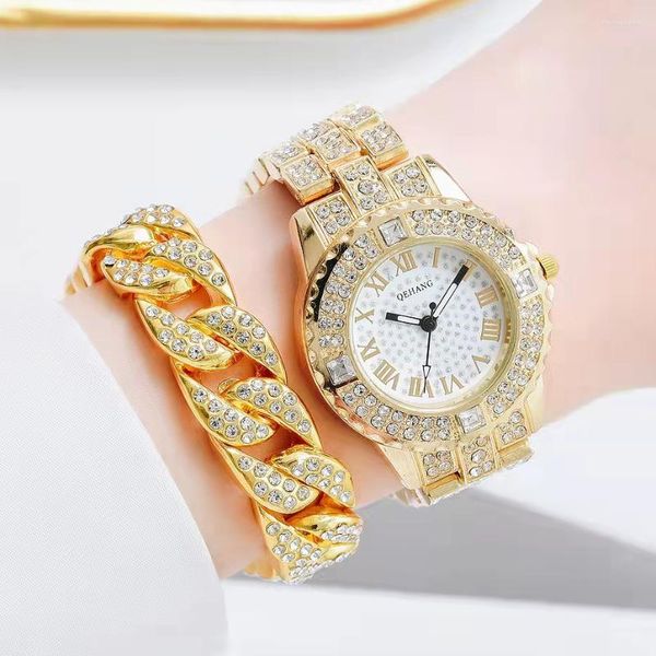 Montres-bracelets 2 pièces Simple glacé montre Cubana Bracelet pour femmes Bling luxe or bijoux en gros Relojes Para Mujer