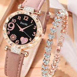 Montre-bracelets 2pcs Tendance de mode pour femmes Simple Digital Rhinestone Leather Quartz Watch Love Crystal Luxury Bracelet Gift Sett