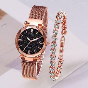 Horloges 2 stks Vrouwen Sterrenhemel Horloge Mode hartvormige Armband Goud Dames Polshorloge Luxe Vrouwelijke Diamant Set