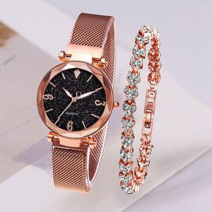 Relojes de pulsera 2 uds. Reloj de cielo estrellado para mujer, pulsera de moda en forma de corazón, reloj de pulsera dorado para mujer, conjunto de diamantes de lujo para mujer