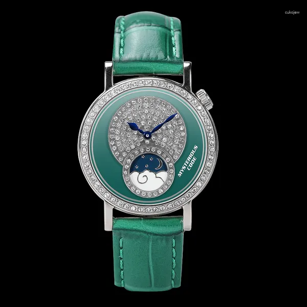 Relojes de pulsera 32 mm Moda de lujo Gypsophila Damas Mujeres Niñas Cuarzo Pequeño Diamante Verde Relojes Importados Movimiento impermeable Correa de cuero