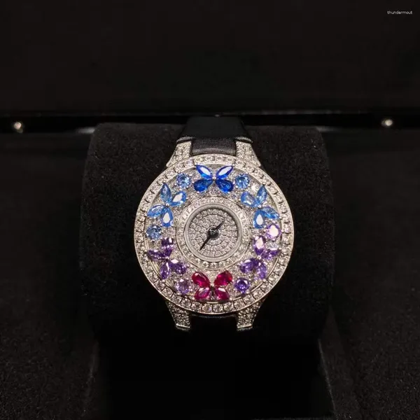 Relojes de pulsera 32 mm Mujeres Reloj de mariposa Gota Reloj de agua Diamante Azul Verde Rojo Cubic Zircon Reloj de pulsera de cuero real para damas