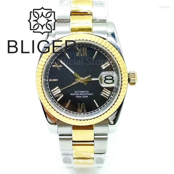 Relojes de pulsera 36 mm / 39 mm Negro Amarillo Oro Número romano Reloj con esfera para hombres Caja de dos tonos Japón NH35 Fecha Dispaly Relojes Para Hombre