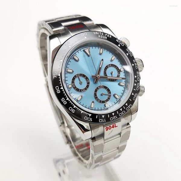 Relojes de pulsera Reloj de cuarzo de 39 mm Temporización para hombres Cristal de zafiro VK63 Movimiento Calendario Luminoso Esfera azul Correa de acero inoxidable