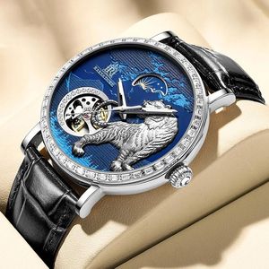 Polshorloges 3D Silver Tiger Tourbillon Mechanisch horloge voor mannen Automatisch skeletheren horloges boven lederen band reloj hombre