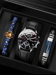 Montre-bracelets 3pcs Fashion Classic Mens Black Montres Black Set Men Business Quartz Watch Male Calendar Wristwatch Le cuir Bracelet