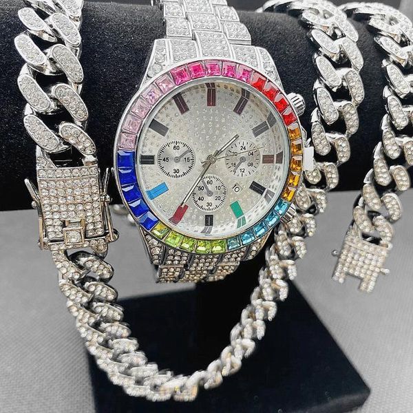 Relojes de pulsera 3 unids Hip Hop Relojes de lujo Conjunto de joyas para hombre Mujeres Iced Out Reloj Collar Pulsera Bling Diamond Cuban Link Cadena Gargantilla Regalos