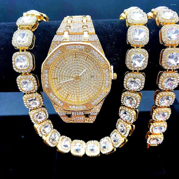 Montres-bracelets 3 pièces glacé montre Bracelet colliers pour hommes chaînes en or Bling bijoux montres simples cadeau Relojes