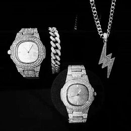 Horrwatches 3 stks iced out horloge ketting armband voor mannen luxe diamant bling hiphop sieraden set heren gouden druppel