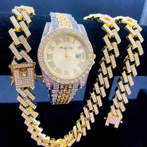 Polshorloges 3 stks bevroren horloges voor mannen diamant goud horloge 15 mm Cuban link ketting armband ketting sieraden set religio masculino
