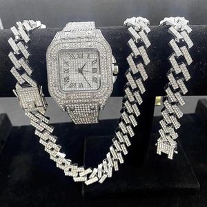 Montres-bracelets 3pcs montres glacées pour hommes montre en or quartz 15mm chaînes à maillons cubains bracelet colliers diamant bijoux homme reloj1780