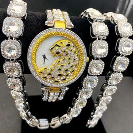 Relojes de pulsera 3 unids Relojes Iced Out para mujeres Gold Leopard Watch Diamound Cadenas de tenis Pulsera Collar Bling CZ Conjunto de joyería