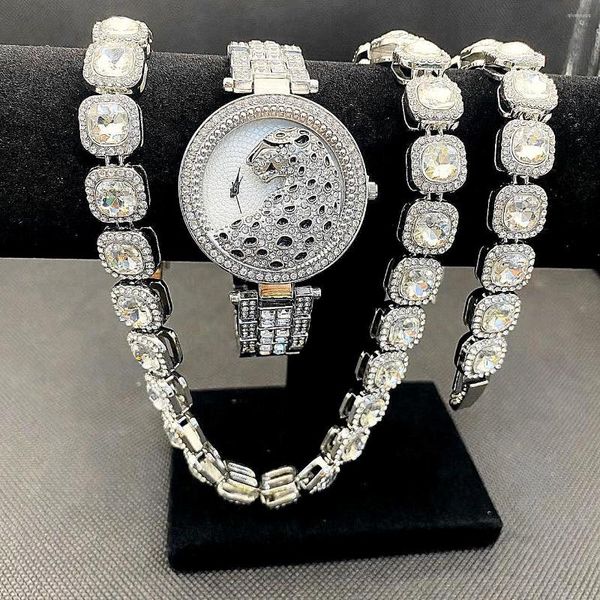 Montres-bracelets 3 pièces glacé montres pour femmes or léopard montre ruban Tennis chaînes Bracelet collier Bling ensemble de bijoux cadeau