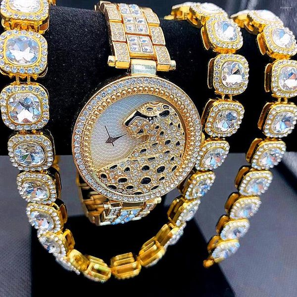 Relógios de pulso 3 PÇS Iced Out Relógios Feminino Ouro Leopard Relógio Sliver Correntes de Tênis Pulseira Colares Conjunto de Jóias