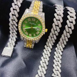 Montre-bracelets 3pcs Mentiers pour femmes Hip Hop Calendrier Luxury Collier Bracelet Jewelry Set Bling Gold Silver Diamond Cuban Chain