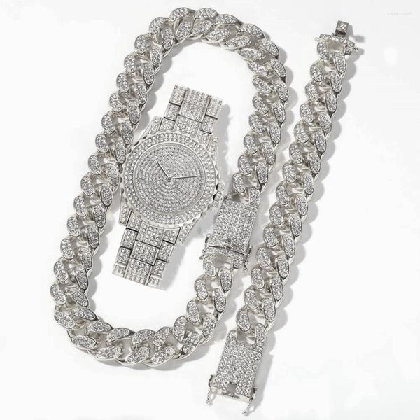 Montres-bracelets 3pcs hommes femmes montres bijoux ensemble glacé montre collier bracelet bling diamant miama cubain lien chaîne tour de cou hommes