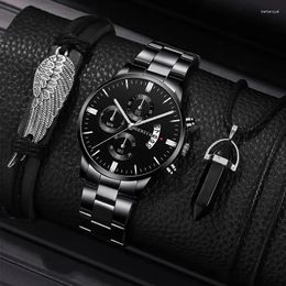 Montre-bracelets 3pcs Set Fashion Mens Business Calendar Watchs Men Casual Wings Hand Corde Collier en acier inoxydable Quartz Watch Reloj Hombre