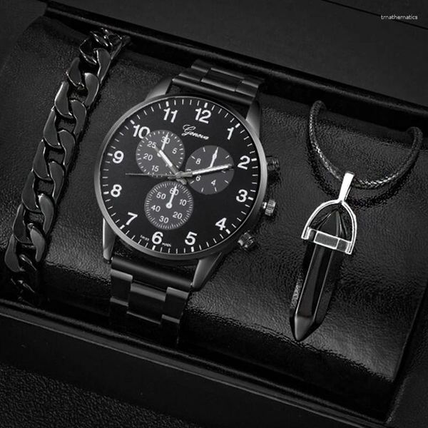 Muñecos de pulsera 3pcs set de moda para hombres vigilantes hombres de la pulsera de la pulsera negra casual de la pulsera negra de acero inoxidable reloj de la pulsera de la pulsera Relogio masculino