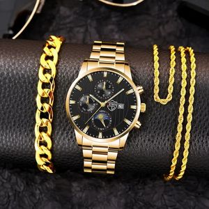 Montres-bracelets 3PCS Set Mode Mens Calendrier Montres Mâle Or Acier inoxydable Mesh Ceinture Quartz Montre Hommes Collier Bracelet Poignet 231027