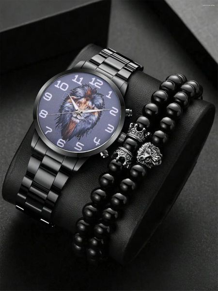 Montre-bracelets 3pcs Set Men's Lion's Classic Classic Versatile Steel Band Wrist Watch Business Quartz