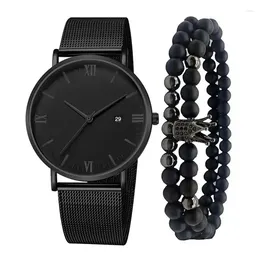 Mujeres de pulsera 3pcs/set Ultra-slim Minimalist Watch Minimalist Watch Casual Sport con calendario Mesh Strap Quartz y Crown Bracelet Set