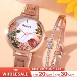 Montre-bracelets 3pcs Fashion Fashion Flower Plant Round Steel Band Quartz Watch Diamond Star Bracelet Combination Set