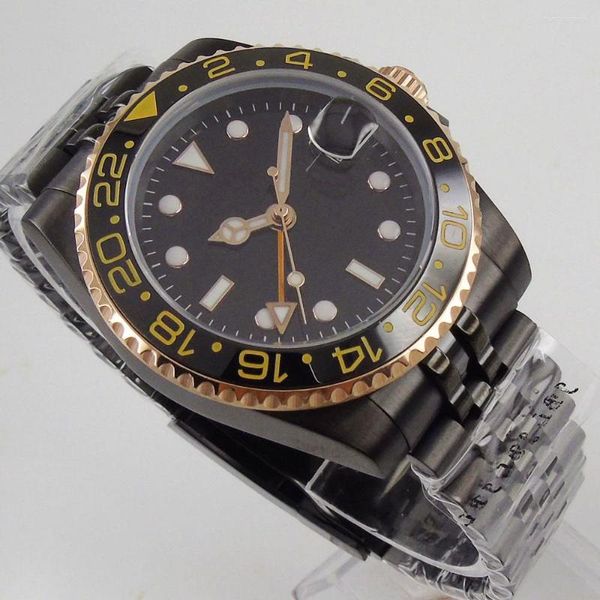 Relojes de pulsera 40 mm Esfera negra Correa de jubileo PVD GMT Indicador de fecha Cristal de zafiro Automático Hombres # 39; s Reloj de pulsera